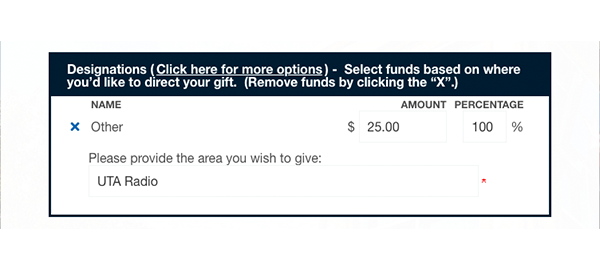 donate_page_4 Screenshot of the U T A Radio donation page showing the option to enter a percentage and including U T A Radio as the designation area